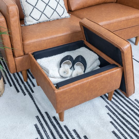 Hello Honey® Cognac Vegan Leather Ottoman with Storage